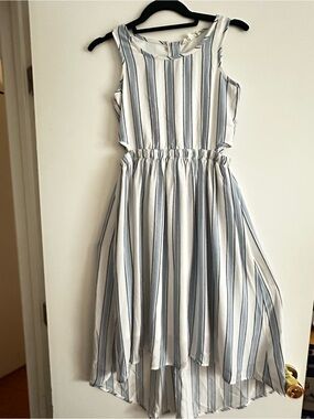 Hannah Banana White and Light Blue Striped Sleeveless High-Low Dress